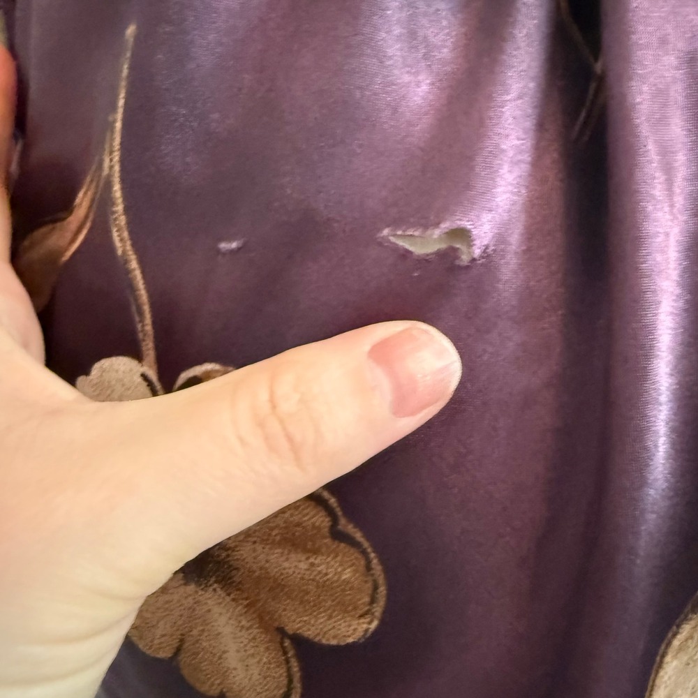 Vintage Purple Floral Satin Slip Dress Mini Faux Pearl Buttons Back Tie - Picture 7 of 12